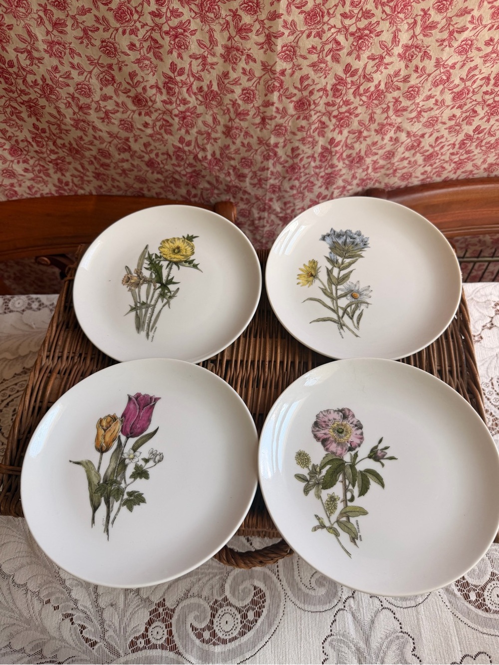 Vintage Floral Ceramic Dinner Plates - Set of 4